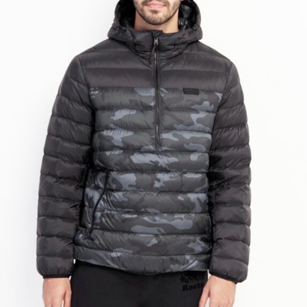 Roots Men’s Packable Down Anorak Puffer Jacket Black Grey Camo Size S